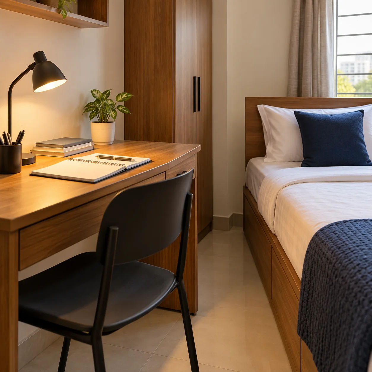 A study desk with a lamp and notebook beside a bed and wardrobe