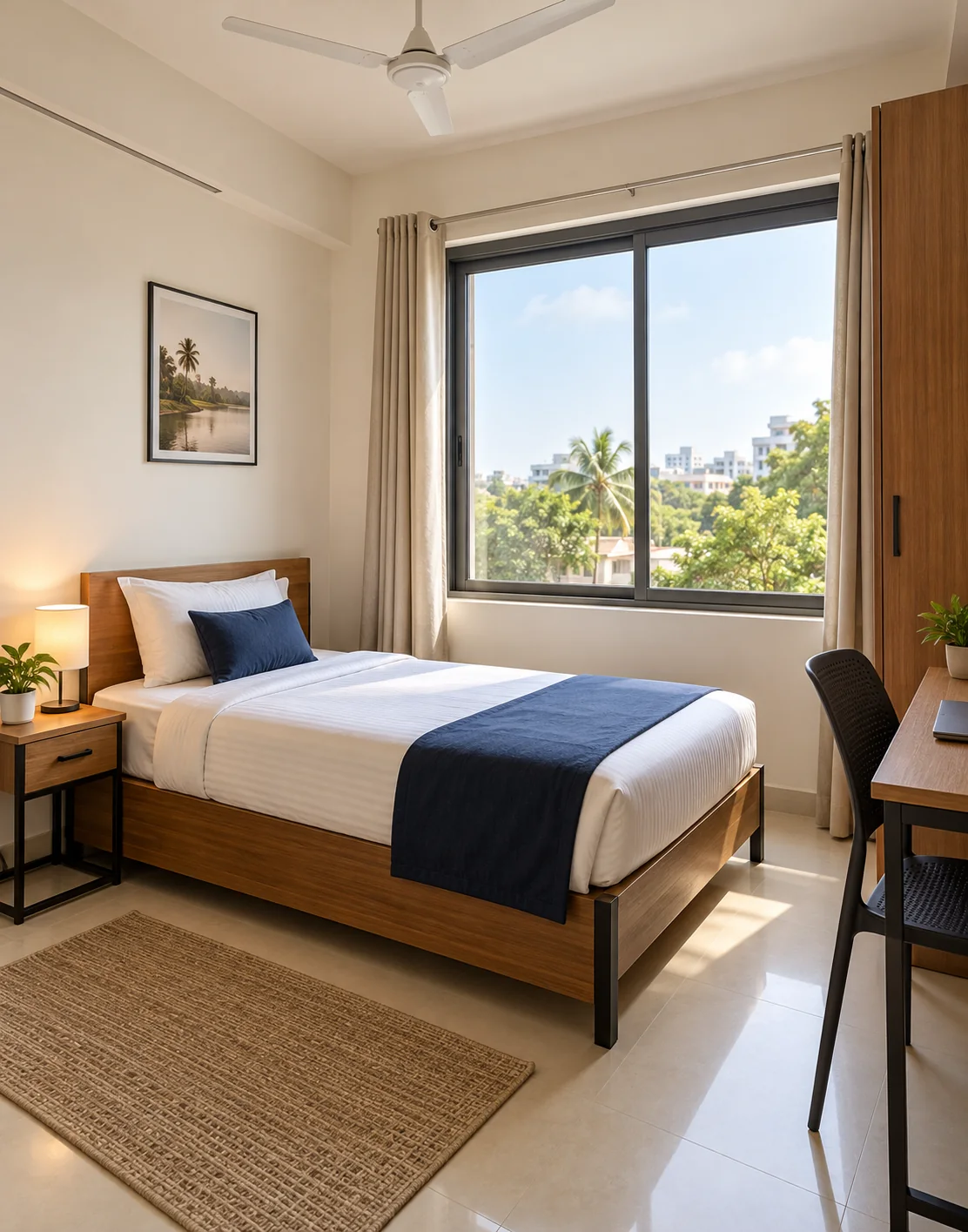 A bright single room with a bed, study desk, wardrobe and a large window